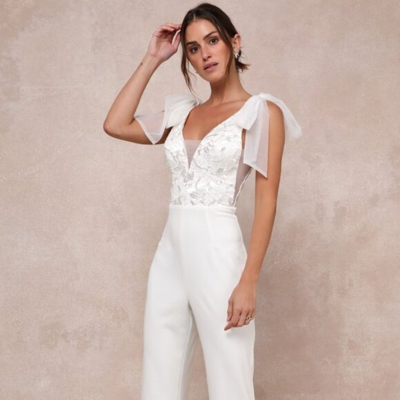Lulus Pants - Lulus Dignified Beauty White Mesh Embroidered Tie-strap Jumpsuit - Size M